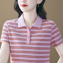 Women Striped Polo Collar Short Sleeve T Shirt Four Colors Available M rožinė