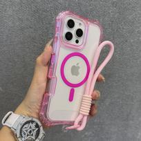 Wrist Strap Lanyard Shockproof Armor For Magsafe Magnetic Case For iPhone 17 12 13 14 15 16 Pro Max Wireless Charge Clear Cover Case & Strap&iPhone 12 rožinė