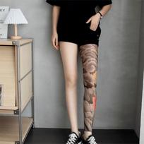 Sexy Peony Printed Tights Elastic Nylon Fake Tattoo Pantyhose High Waist Vintage Tattoo Sock Party One Size gray