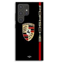 Dėklas Samsung Galaxy S23 Ultra PORSCHE raudonas ir auksinis logotipas juodas fonas Maniacase juoda