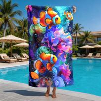 Watercolor Clownfish and Coral Reefs polyester microfiber beach towel is highly absorbent, suitable swimming and beach outings 27x55inch 70x140cm&1pc