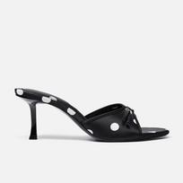 Retro Black Spotted Silk High Heel Slippers for Women Outer Wear  Bow Leather Summer Sandals Comfort Open Toed Lady Shoes 35