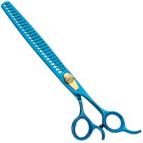 Geib Kiss Gold Blue Chunker 8.5 - vienpusės kirpimo žirklės su mėlynu paviršiumi, 26 dantys
