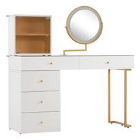 Dressing Table Set with LED Mirror, 5 Drawers, Transparent Tempered Glass Table Top, Dressing Table Side And Cabinet, Elegant Furniture, White