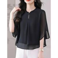 New Loose and Versatile Tops Stylish Fungus Collar Chiffon Shirts Fashionable Tops M juoda
