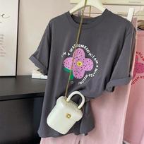 Women Watermelon Flower Letter Graphic Crew Neck Roll Cuff Short Sleeve T-shirt S pilka spalva