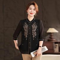 Women Stand Collar Floral Embroidery Three Quarter Sleeve Chiffon Blouse XL juoda