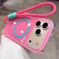 Cute Magnetic Wrist Strap Lanyard Bracelet Case For iPhone 17 Pro Max 16 15 14 13 Air For Magsafe Wireless Charging Soft Cover Case & Strap&iPhone 13 rožinė