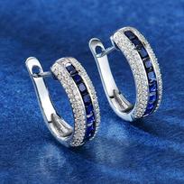 Three Row Two Tone Blue and Clear Stone Curved Huggie Hoop Earrings Women Elegant Ear Jewelry