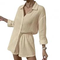 2 Pcs/Set Women Shirt Shorts Set Solid Color Long Sleeves Lapel Collar Single-breasted Blouse High Waist Loose Above Knee Length M chaki