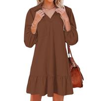 Women's fashionable and elegant long-sleeved V-neck color dress with pockets L ruda