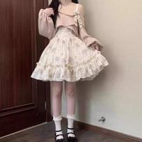 Saldus Lolita stiliaus 2 dalių suknelės komplektas moterims Rožinis megztas kardiganas su kaspinėliu Kawaii gėlėta mini suknelė Moteriškas paplūdimio vakarėlio kostiumas XS rožinė