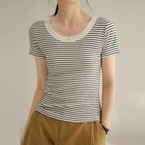 Women Big Round Neck Horizontal Striped Ribbed Slim Fit Short Sleeve Casual T-shirt S balta