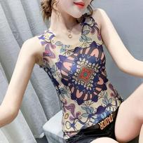 Women Vintage Oil Painting Floral Print Sleeveless Tank Top S mėlyna