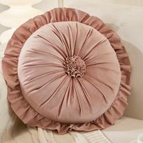 Olandiško aksomo apvalus pagalvėlė su prancūziškais nėriniais - Aukštos kokybės juosmens pagalvė svetainei ar biurui, Yra sandėlyje. Dutch Velvet; Pink; 40cm*40cm; Basic beige
