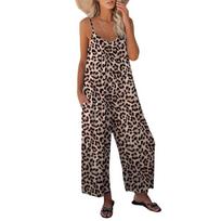 Women's Spaghetti Strap Leopard Print Loose Wide Leg Pocket Casual Long Jumpsuit S chaki