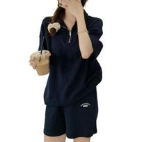 2 Pcs/Set Women Summer Sweatshirt Pants Set Short Sleeve Zippered Turn-down Collar Top Drawstring Elastic Waist Loose Sweatpants Tracksuit Pansuit XXL tamsiai mėlyna spalva