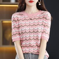 Pure Cotton Knitted Short-sleeved T-shirt for Women Round Neck Pullover Relaxed Fit Everyday Base Top Hollow Half-sleeved Thin S raudona