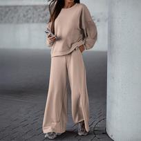 Women Solid Crew Neck Sweatshirt And Split Wide Leg Pants Tracksuit Two Piece Set S chaki