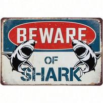 Vintage Metal Wall Sign Shark Warning Beach Closed Retro Bar Decor