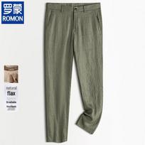 ROMON Men's Pure Linen Elastic Waist Straight-Leg Pants L