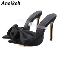 Aneikeh Vasarinės Šilkinės Drugelio Mazgo Mules Aukštakulnės Moteriškos Sandalai Siurbliai Seksualūs Smailianosiai Slingback'ai Moteriški vakarėlio bateliai 35-42 37 gray