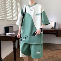Summer Teen Leisure Sports Set Men's Fashion Students Handsome Short Sleeve Loose Shorts Two-piece Set L mėlyna