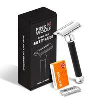 Pink Woolf Vyriškas dviejų ašmenų saugos skustuvas OPEN COMB OC70, deimantinio rašto rankena šlapiam skutimuisi ir tikram švariam skutimuisi, 1 vnt. pakuotė (JUODAS)
