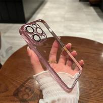 Luxury Soft Plating Clear Case with Lens Films For iPhone 16 14 13 12 11 Pro Max 15 Plus Shockproof Case Bumper Silicone Cover For iPhone 16 Plus rožinė