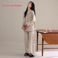 GUJIN Women's Pure Cotton Long Sleeve Loungewear Pajama Set L šviesios abrikoso spalvos