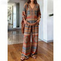 2026 Bohemian printed temperament top wide-leg pants two-piece set, summer casual fashion women's clothing set S