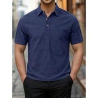 Men Solid Linen Texture Lapel 3 Button Half Placket Short Sleeve Polo Shirt Multiple Colors S tamsiai mėlyna spalva