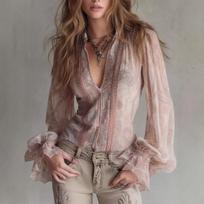2026 Maillard Pure Spice Design Fake Two-Piece Kink Lace Flared Sleeve Top S rožinė