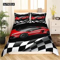 Racing Dirt Bike Duvet Cover Race Car Competition Extreme Sports Black And White Grid For Kid Boy Men Red Automobile Room Decor EU single(135x200cm)