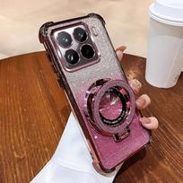 Prabangus blizgučių magnetinis laikiklis telefono dėklas Xiaomi 15T 14T 13T Pro stovas Apsauginis apvalkalas Smūgiams atsparus buferis Minkštas silikoninis dangtelis For Xiaomi 15T rožinė
