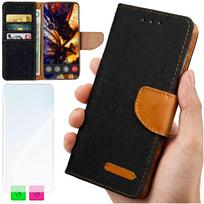 Etui Typu Portfel Do Samsung Galaxy S23 Fe - Czarny Pokrowiec Canvas + Szkło