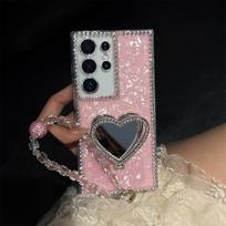 Wrist Strap Love Heart Mirror Diamond Bling Holder Phone Case for Samsung Galaxy S23 S24 S25 Plus S26 Ultra A07 A17 A16 A36 A56 Galaxy S26 rožinė