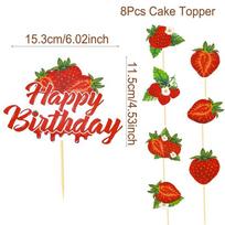 Strawberry Happy Birthday Cake Toppers Strawberry Cupcake Topper Fruit Theme Kids Sweet Birthday Party Cake Baking Decorations