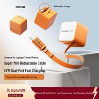 MOMAX Dual-Port GaN Fast Charger with Retractable Cable 70cm Retractable Cable