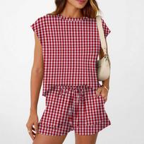 2026 Europe, America, Amazon summer new fashion plaid round neck T-shirt top lace-up casual shorts set M tamsiai raudona spalva