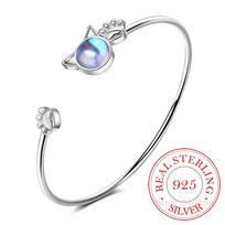 925 Sterling Silver Moonstone Cat Ear Bangle Bracelet Pet Paw Footprint Bangle Pulseiras De Prata for Women Party Jewelry