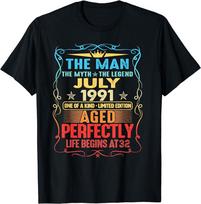 1991 m. liepos mėn. „The Man Myth Legend“ 32 metų gimtadienio unisex marškinėliai S