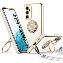 Apsauginis dėklas - BOOLING - skirtas Samsung Galaxy S22 - Minkštas silikonas - Dirželis - Blizgus besisukantis žiedas balta
