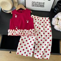 Girls' Cute Red Mushroom Polka Dot Vest & Wide-Leg Pants Summer Two-Piece Set 2-3Y/100 raudona