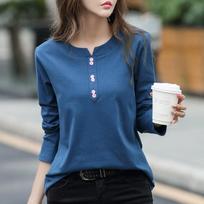 Spring and Autumn Plus Size Pure Cotton T-shirt with Long Sleeves Women's Loose V-neck T-shirt Korean Style Women's Shirt with Top and Bottom M