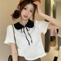 Women Bow Doll Collar Cable Knit Top S balta