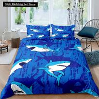 Cartoon Shark King Queen Duvet Cover Blue Ocean Animal Theme Bedding Set For Kids Boys Girls Sealife 2/3Pcs Soft Comforter Cover EU single(135x200cm)