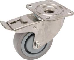 Pasukamas ratukas su guminiu ratu 100x34 mm, su stabdžiu, nerūdijantis plienas, plokštelinis tvirtinimas 105x85 mm, apkrova 160 kg (Tente) 8477UFC100P62