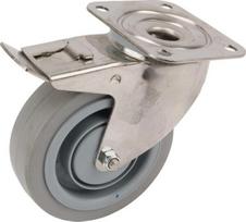 Pasukamas ratukas su guminiu ratu 125x40 mm, su stabdžiu, nerūdijantis plienas, plokštelinis tvirtinimas 105x85 mm, apkrova 250 kg (Tente) 8477UFC125P62