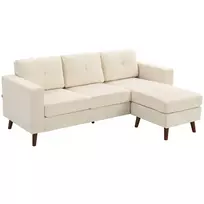 Kampinė sofa 192 cm L formos, 3 vietų sofa su keičiama šezlongo puse, velveto išvaizda, mažiems kambariams, kreminė balta